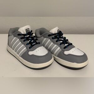 K-Swiss boys Gray and White Sneakers with Blue Laces